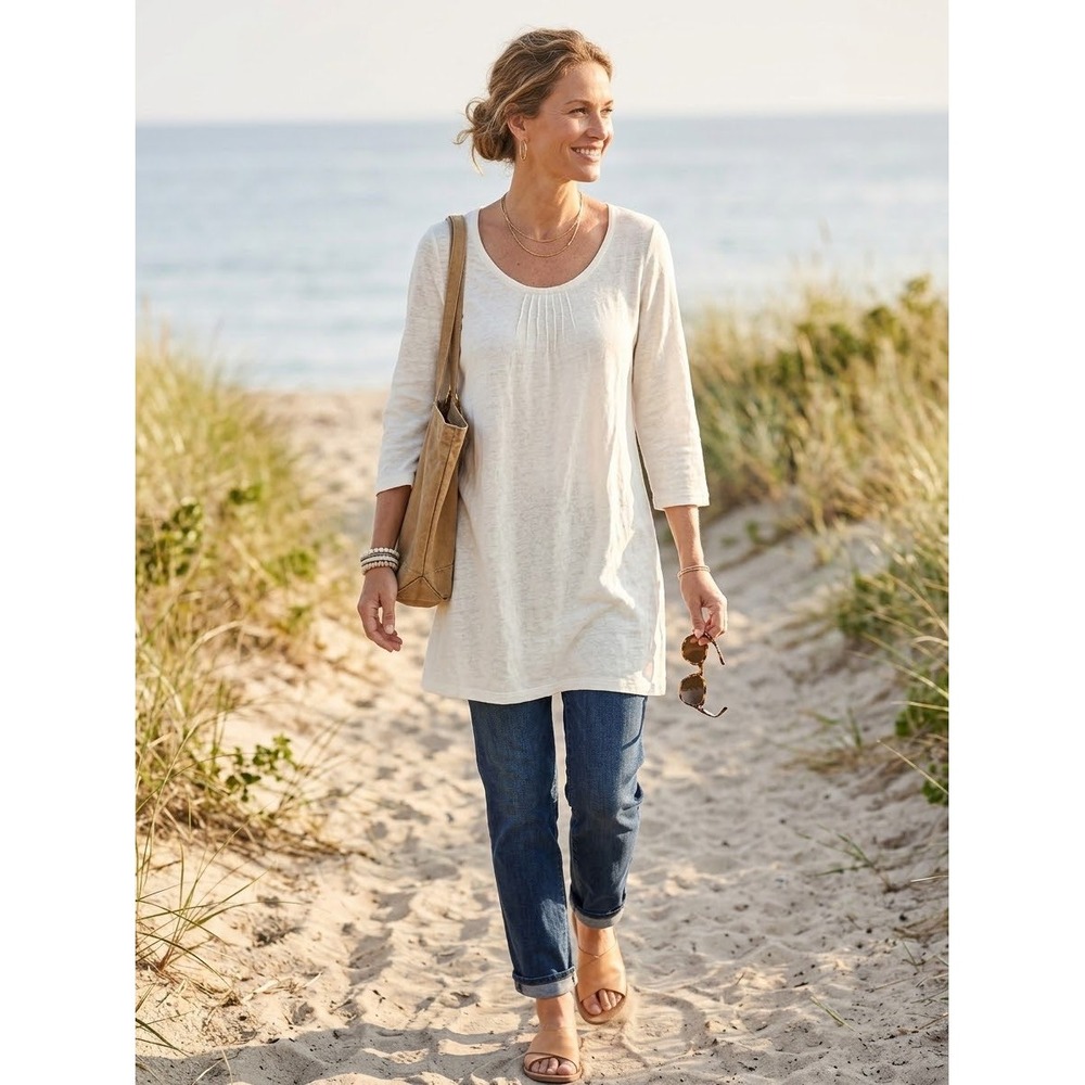 Eileen Fisher White 100% Linen Pintuck Scoop Neck 3/4 Sleeve Tunic Top Medium